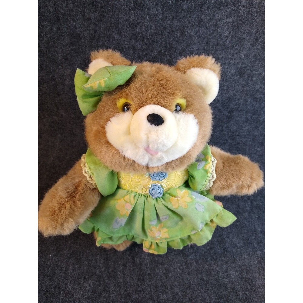Vintage Plush Bear Stuffed Animal Mty International in Floral w Lace Dress 10"